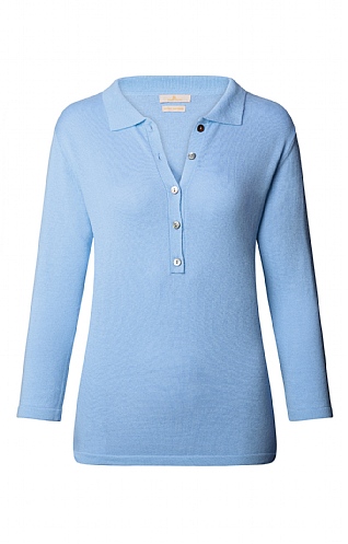 House of Bruar Ladies Cotton and Cashmere Polo Shirt - Soft Blue, Soft Blue