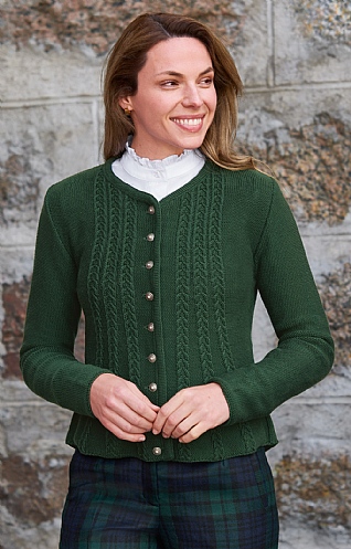 H Moser Ladies Cable Back Cardigan - Bottle Green